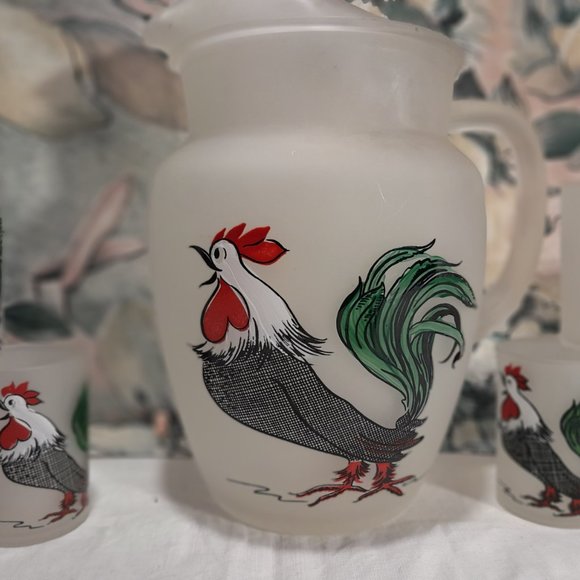 Vintage Hazel Atlas Frosted Glass Rooster Pitcher Set 🐓🍹 - Picture 5 of 11